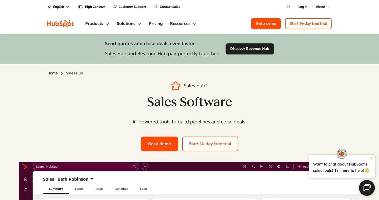 HubSpot Sales Hub homepage